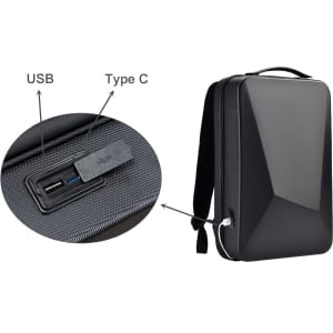 A black expandable hardshell backpack with USB and Type C ports visible on the side. It has a sleek, modern design.