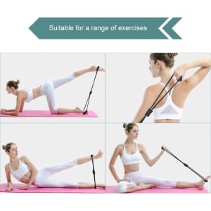 A Figure 8 resistance band with handles, featuring black bands and flexible rubber, displayed in a variety of exercise positions.