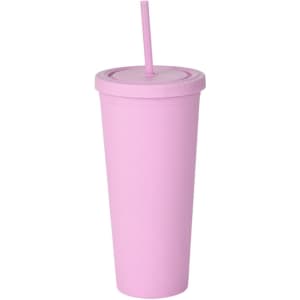 A pink 24oz matte plastic cup with a lid and straw, designed for beverages. It features a simple, sleek design.