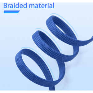 A long, braided charging cable in navy blue, coiled in a spiral shape against a light background.