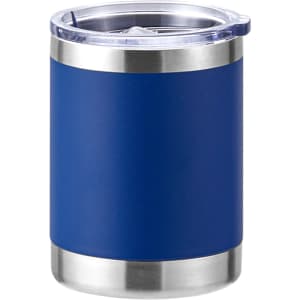 A drink bottle featuring a blue stainless steel exterior, a clear lid, and a silver base. It has a logo on the side.