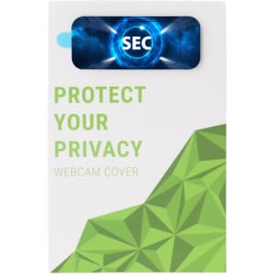 A webcam cover in a white and green package, featuring a logo and a geometric design, promoting privacy protection.