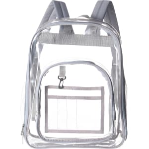 A heavy duty transparent backpack with grey straps and a front pocket, featuring a logo.