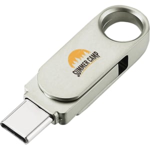 A silver Type-C flash drive with a swivel mechanism and a logo, featuring a circular handle for easy attachment.