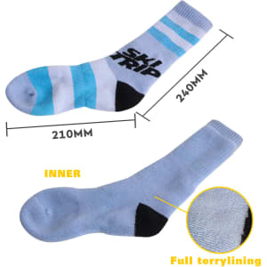 A pair of blue and light blue patterned merino wool socks with a black area at the toe and branding.