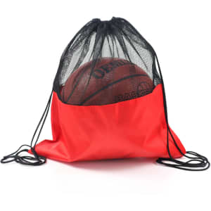 A red drawstring mesh backpack with a black top, containing a basketball inside. Features a logo.