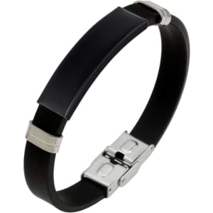 A stylish black bracelet featuring a metal buckle latch and silver accents. Ideal for sleek, modern fashion.