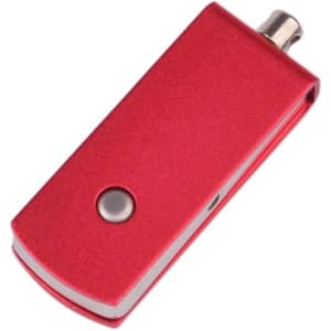 A red Puller Swivel Flash Drive featuring a sleek design and a metal clip for easy attachment.
