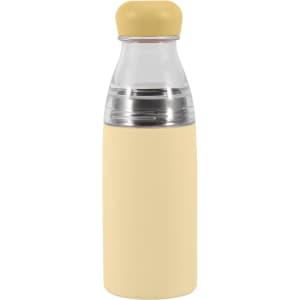 A drink bottle featuring a stainless steel body with a pale yellow finish and a clear plastic top, includes a logo.