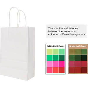 A white kraft paper bag with twisted handles, accompanied by colour samples of print options on different backgrounds.
