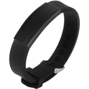 A black engraved stainless steel bracelet with a smooth surface and a secure clasp, featuring a logo.