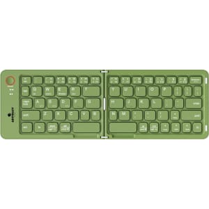 A wireless foldable keyboard in a vibrant green colour, featuring a compact design and a logo on the side.