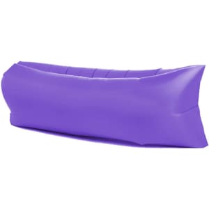 A purple inflatable lazy bed with a sleek, minimalist design, featuring a branded logo.