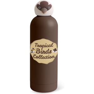 A drink bottle in brown with a decorative animal head lid, featuring a label for the "Tropical Birds Collection."