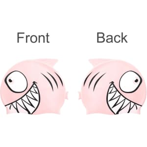 A silicone swim cap featuring a pink fish design with a cartoonish face and sharp teeth, displaying both front and back views.
