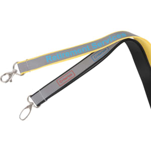 A safety lanyard in black, grey, and yellow, featuring clips and a logo on the straps.