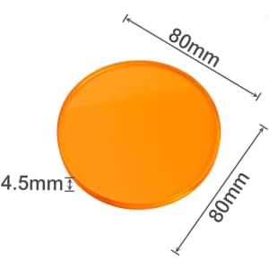 An orange custom tinted acrylic coaster, round, measuring 80mm in diameter and 4.5mm in thickness.