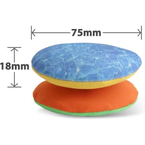 A water bouncing disc with a blue top and orange bottom, measuring 75mm in diameter and 18mm in height.