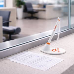 A fixed signature pen in white and orange stands on a countertop beside a document with signatures.