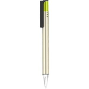 A silver and green pen with a sleek design and a clip, featuring a branding logo.