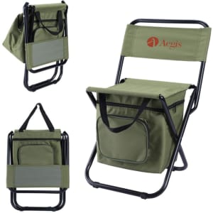 A green foldable camping chair with a cooler bag, featuring a black metal frame and a logo on the backrest.