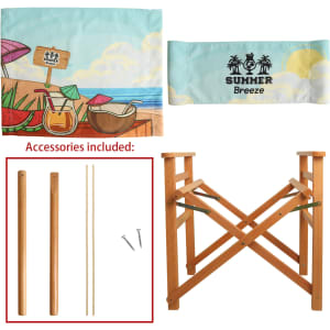 A wooden director's chair frame in natural colour, accompanied by fabric panels and accessories including poles and screws.
