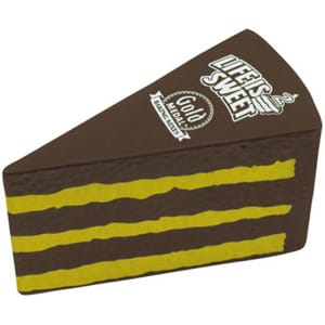 A chocolate cake-shaped stress reliever in brown and yellow colours, featuring a logo on the side.