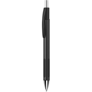 A black plastic pen with a silver tip and a clip, featuring a simple design and a logo.