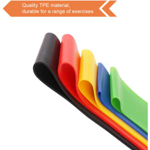 A set of latex-free TPE fitness resistance bands in black, red, yellow, blue, and green. The bands have a smooth finish and are flexible.