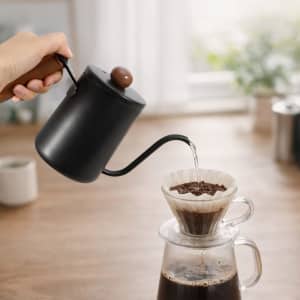 A stainless steel pour over kettle with a wooden handle in black, pouring water into a coffee filter.