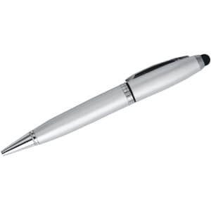 A silver 3-in-1 metal flash drive pen featuring a sleek design and a logo on the body.