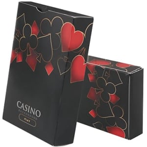 Custom playing cards in a black box featuring red hearts, diamonds, and spades designs, with a logo on the front.