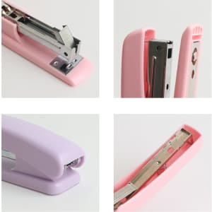 A pink and lavender stapler showcased from different angles, featuring metal components and sleek design.