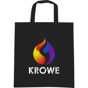 A black cotton bag featuring a colourful flame logo and short handles.