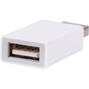 A white USB data blocker with a rectangular shape and a USB-A connector on one end. It features a logo.