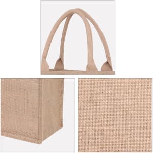 A natural jute tote bag in light brown, featuring sturdy handles and a woven texture, with a logo on the side.