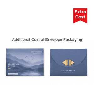 A blue envelope packaging with a mountain landscape design on the front and a decorative closure. Features a logo.