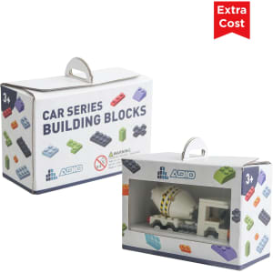 A packaging box for "Car Series Building Blocks" featuring a construction vehicle design in multiple colours.