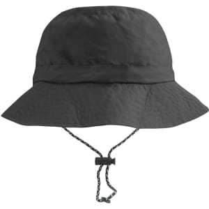 A foldable bucket hat in black with a chin strap and a branded logo.