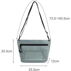 A grey PVC crossbody phone bag with a long adjustable strap and a front pocket. Measurements are included in the image.