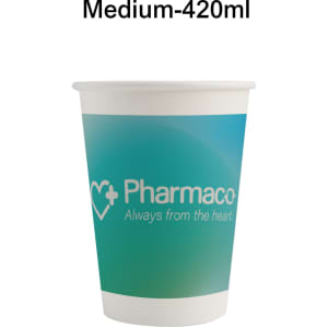 A medium-sized, 420ml compostable paper cup in white and teal, featuring a logo on the side.