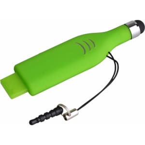 A green stylus flash drive shaped like a drink bottle, featuring a black stylus tip and a lanyard attachment.