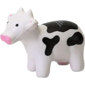 A white and black cow-shaped stress reliever with a pink nose, featuring a logo on its side.