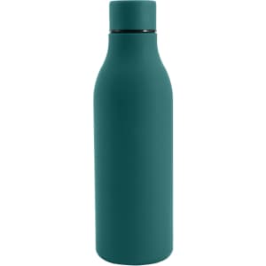 A drink bottle in teal with a rubber coating and a smooth design. It features a lid and has a logo.