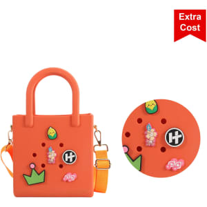 An orange mini beach bag with decorative embellishments and a logo, featuring carry handles and a shoulder strap.
