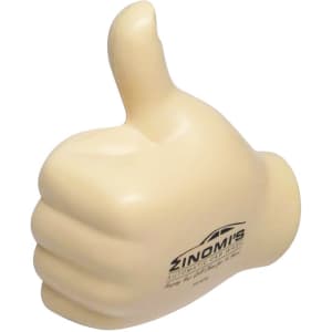 A cream-coloured thumb-shaped stress reliever with a logo on it, featuring a three-dimensional design.