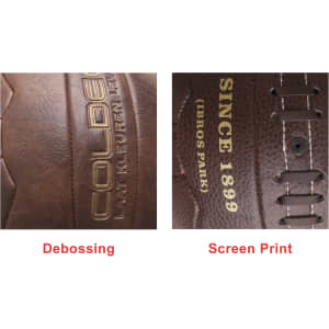 A vintage soccer ball featuring brown paneling with debossed and screen-printed text.