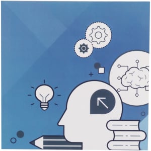 A blue sticky note pad featuring illustrations of a head silhouette, gears, a pencil, and books.