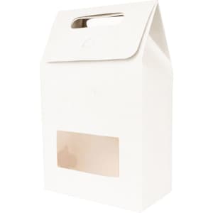 A white die-cut handle bag with a transparent window, featuring a triangular top and a handle for easy carrying.