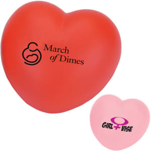 A red heart-shaped stress reliever and a smaller pink heart-shaped stress reliever, both featuring logos.